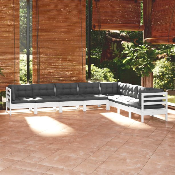 8-tlg. Garten-Lounge-Set mit Grauen Kissen Kiefer Massivholz
