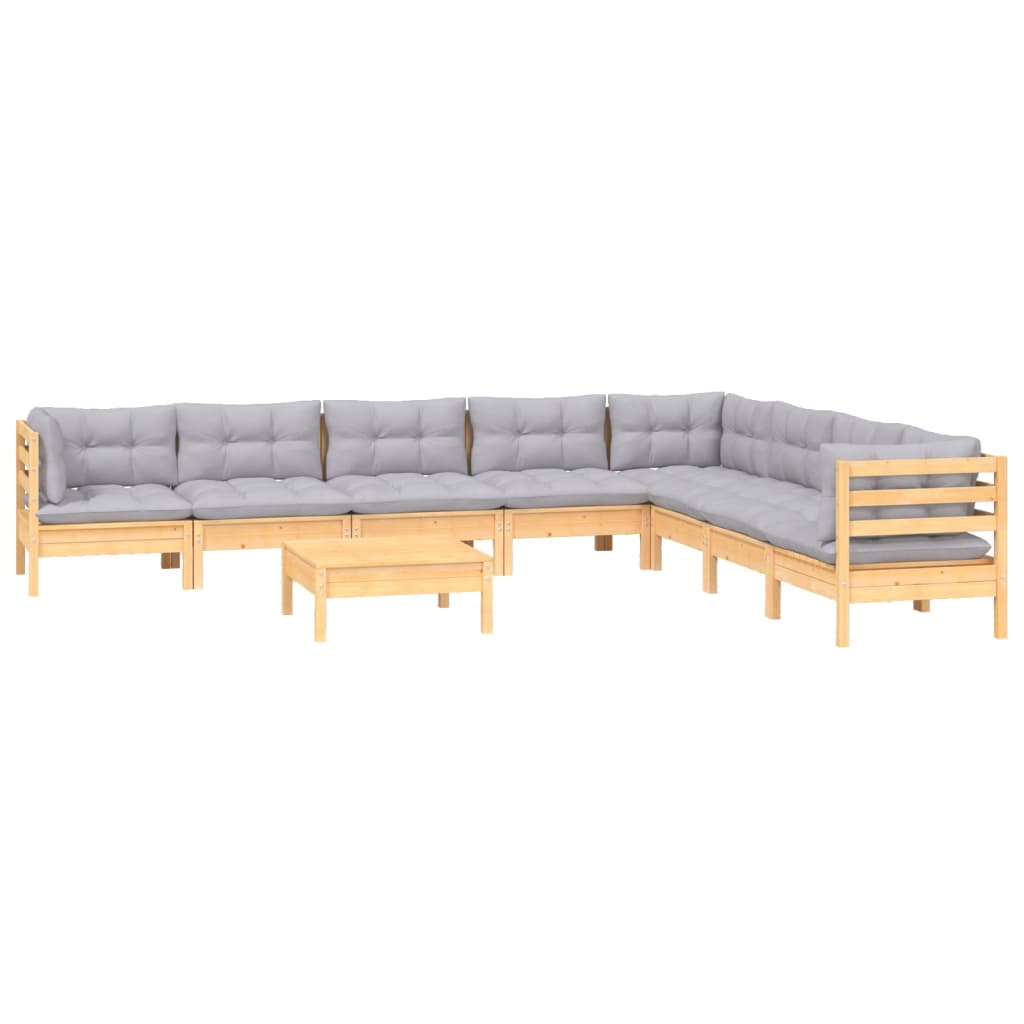 9-tlg. Garten-Lounge-Set mit Grauen Kissen Kiefer Massivholz