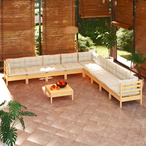 vidaXL 10-tlg. Garten-Lounge-Set mit Grauen Kissen Kiefer Massivholz