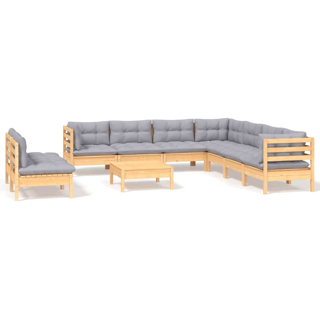 vidaXL 10-tlg. Garten-Lounge-Set mit Grauen Kissen Massivholz Kiefer