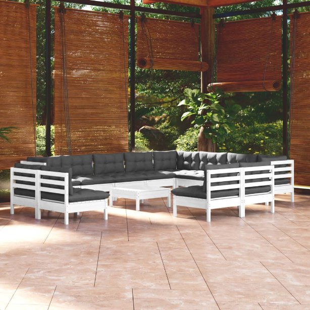 13-tlg. Garten-Lounge-Set mit Grauen Kissen Massivholz Kiefer