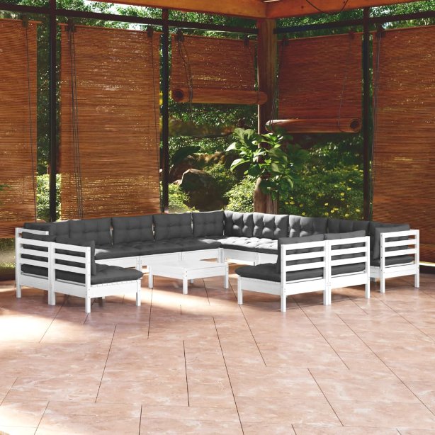 14-tlg. Garten-Lounge-Set mit Grauen Kissen Massivholz Kiefer