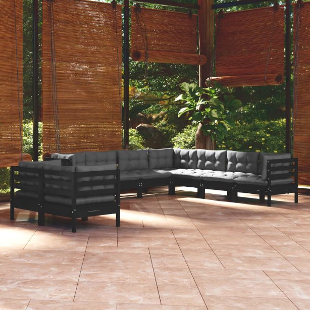 9-tlg. Garten-Lounge-Set mit Grauen Kissen Massivholz Kiefer