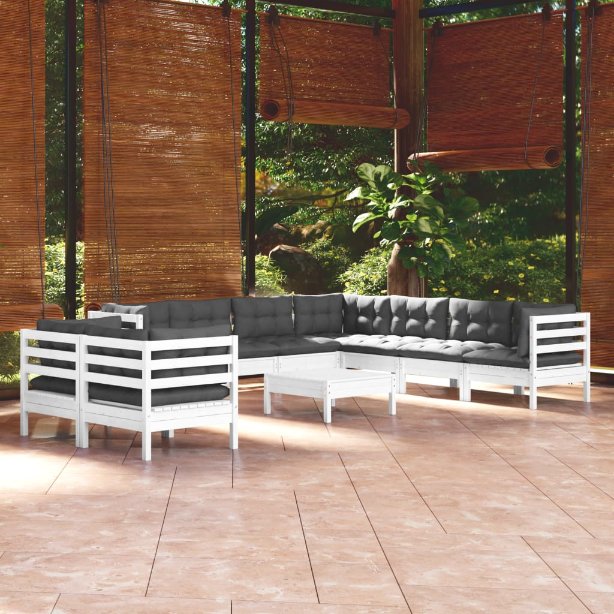 vidaXL 10-tlg. Garten-Lounge-Set mit Grauen Kissen Massivholz Kiefer