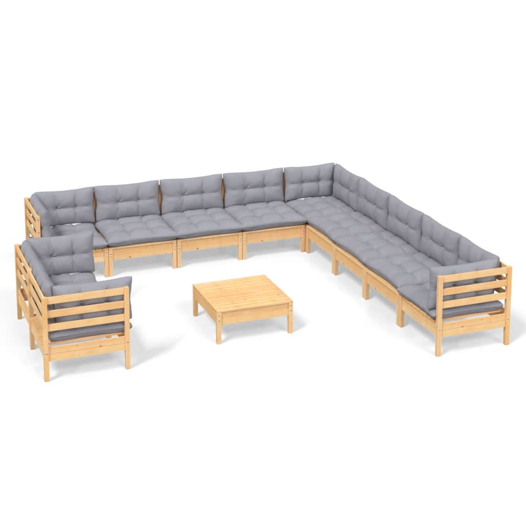 vidaXL 12-tlg. Garten-Lounge-Set mit Grauen Kissen Massivholz Kiefer