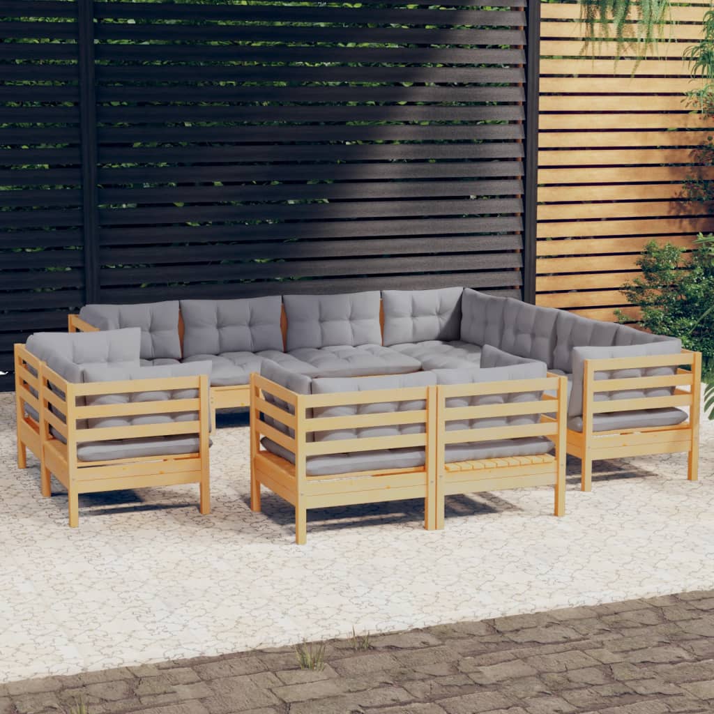vidaXL 11-tlg. Garten-Lounge-Set mit Grauen Kissen Massivholz Kiefer