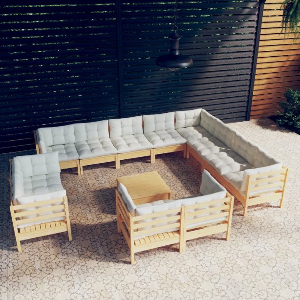 13-tlg. Garten-Lounge-Set mit Grauen Kissen Massivholz Kiefer