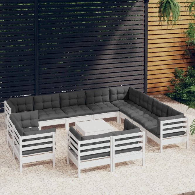 13-tlg. Garten-Lounge-Set mit Grauen Kissen Massivholz Kiefer