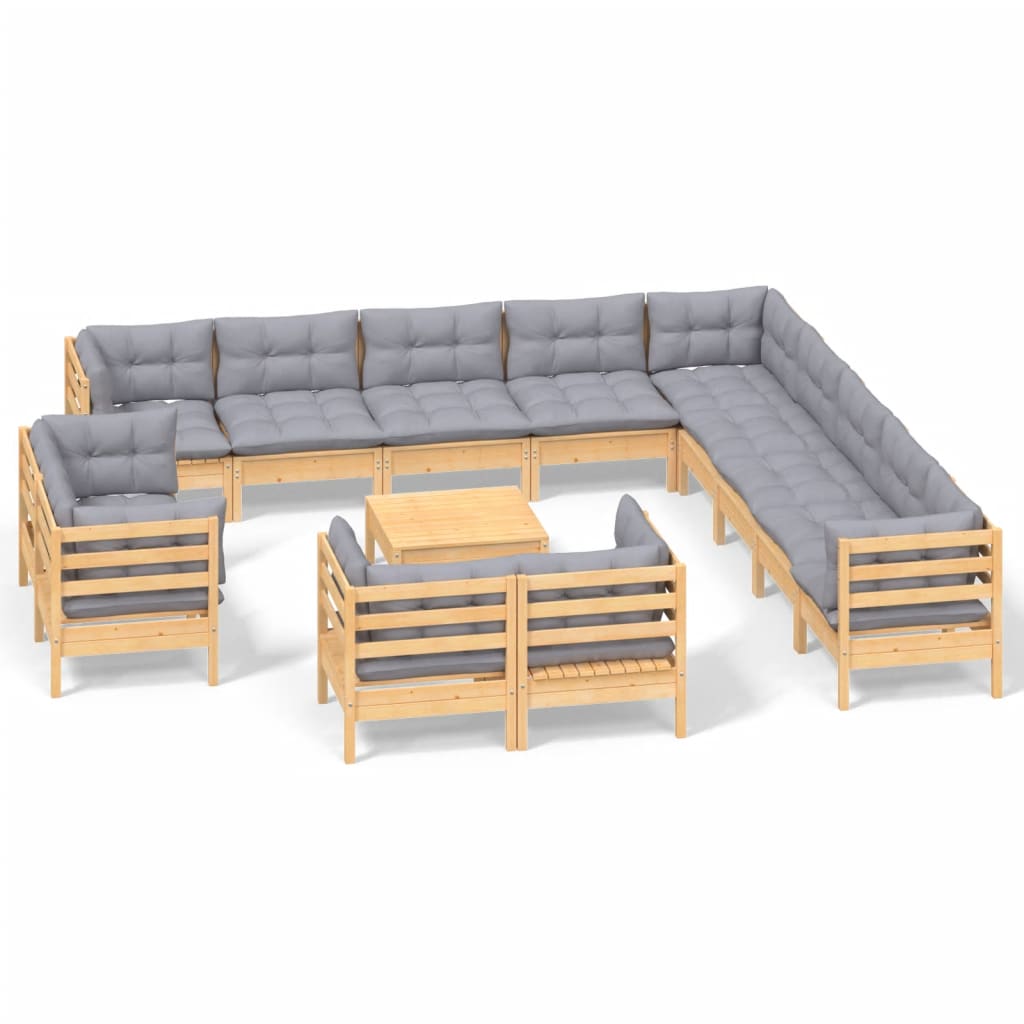 14-tlg. Garten-Lounge-Set mit Grauen Kissen Massivholz Kiefer