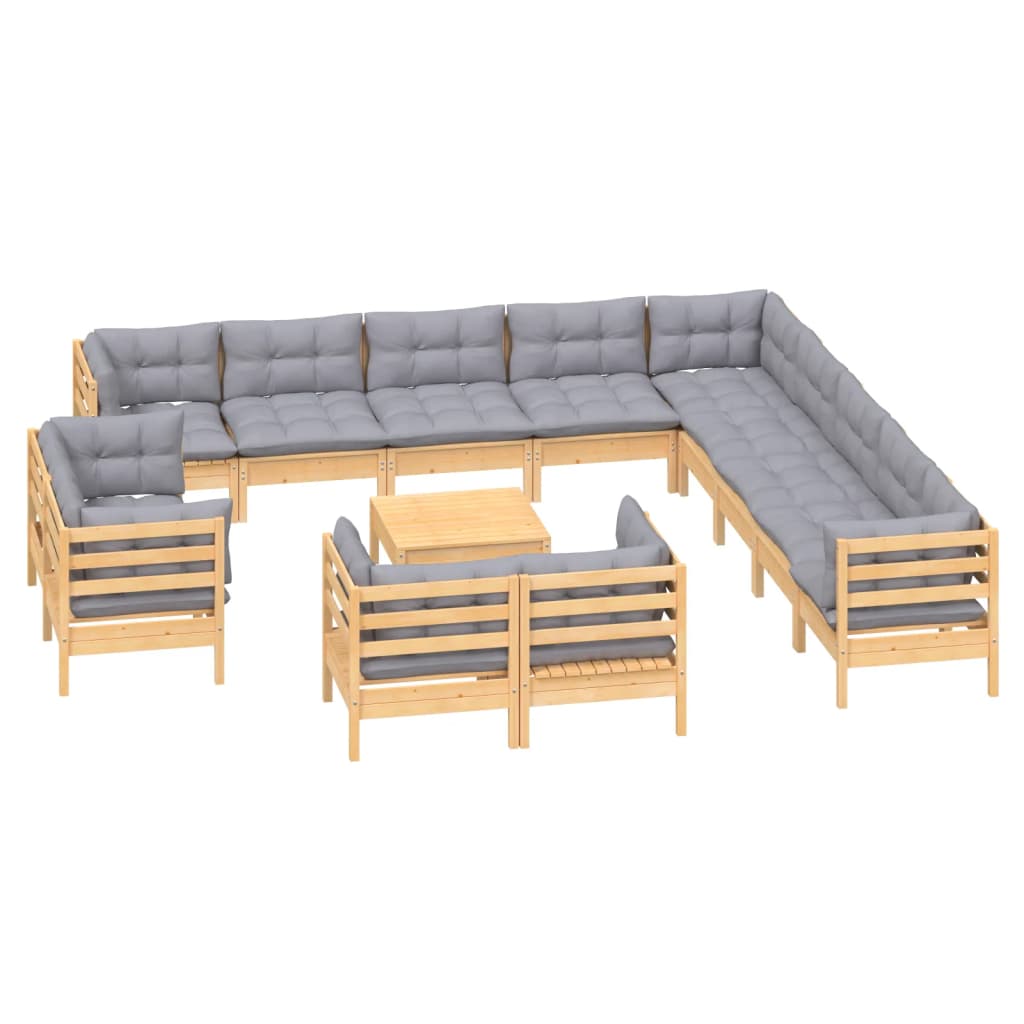 14-tlg. Garten-Lounge-Set mit Grauen Kissen Massivholz Kiefer