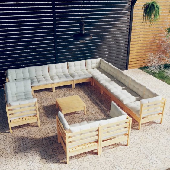 14-tlg. Garten-Lounge-Set mit Grauen Kissen Massivholz Kiefer