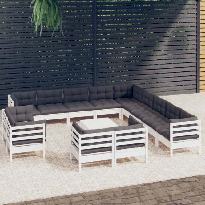 14-tlg. Garten-Lounge-Set mit Grauen Kissen Massivholz Kiefer