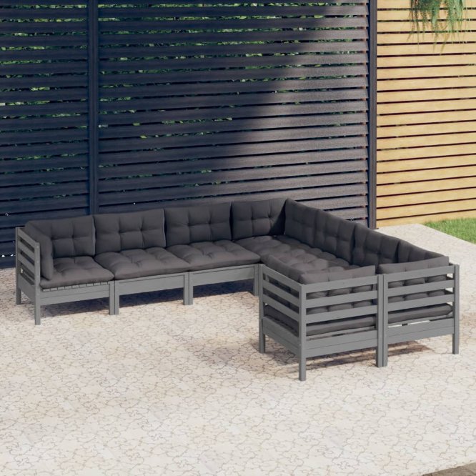 8-tlg. Garten-Lounge-Set mit Grauen Kissen Massivholz Kiefer