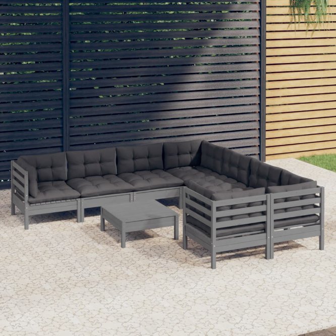 9-tlg. Garten-Lounge-Set mit Grauen Kissen Kiefernholz
