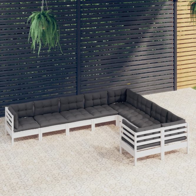 9-tlg. Garten-Lounge-Set mit Grauen Kissen Kiefernholz