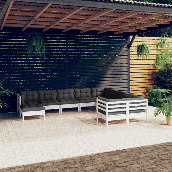 vidaXL 10-tlg. Garten-Lounge-Set mit Grauen Kissen Kiefernholz