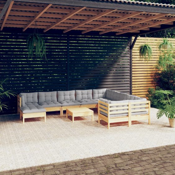 vidaXL 11-tlg. Garten-Lounge-Set mit Grauen Kissen Kiefernholz