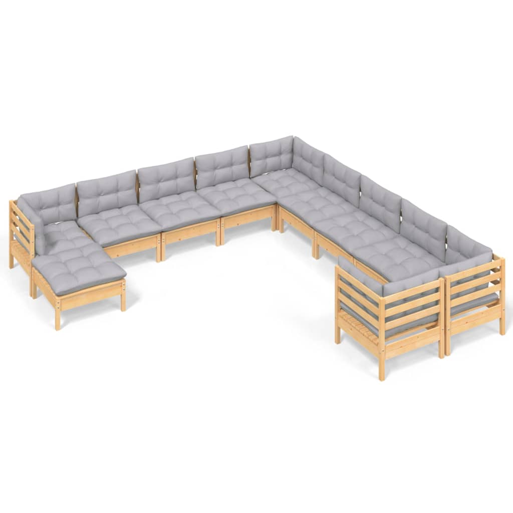 vidaXL 11-tlg. Garten-Lounge-Set mit Grauen Kissen Kiefernholz