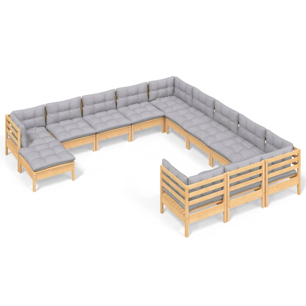 vidaXL 12-tlg. Garten-Lounge-Set mit Grauen Kissen Kiefernholz