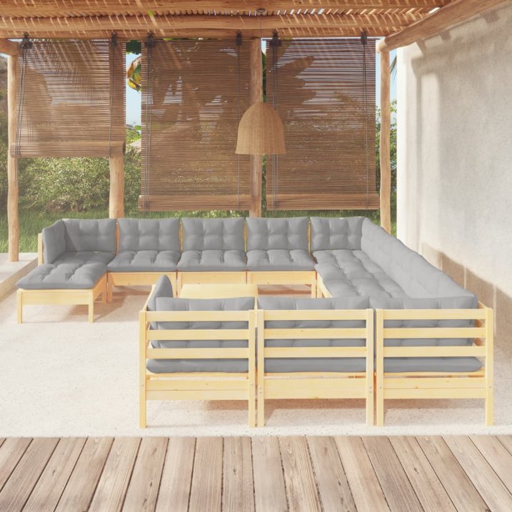 13-tlg. Garten-Lounge-Set mit Grauen Kissen Kiefernholz