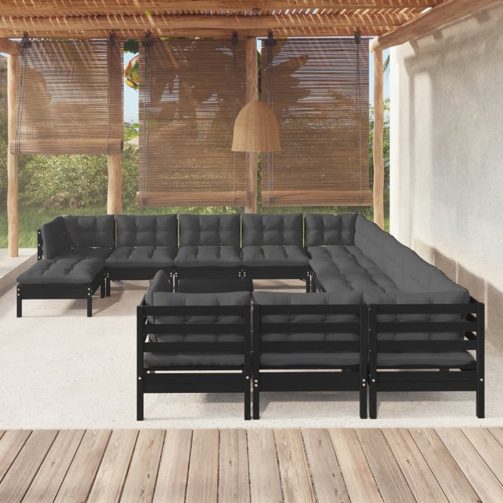 13-tlg. Garten-Lounge-Set mit Grauen Kissen Kiefernholz