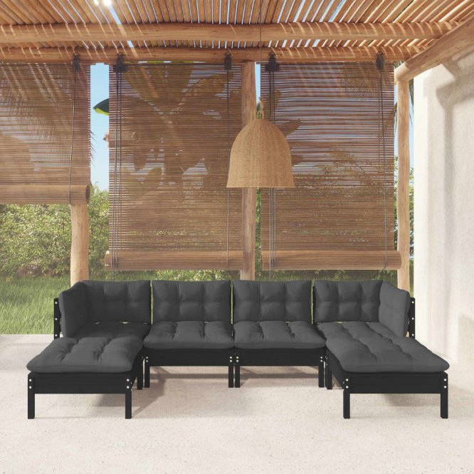 6-tlg. Garten-Lounge-Set mit Grauen Kissen Kiefernholz