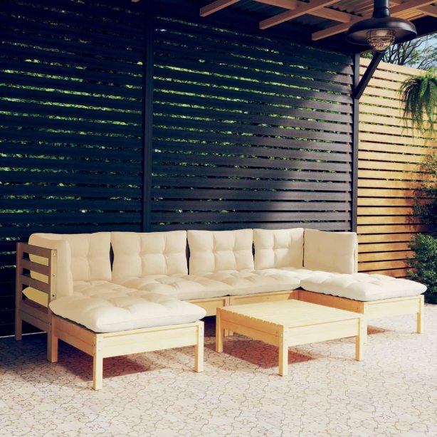7-tlg. Garten-Lounge-Set mit Grauen Kissen Kiefernholz