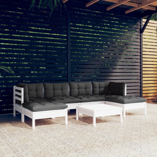 7-tlg. Garten-Lounge-Set mit Grauen Kissen Kiefernholz