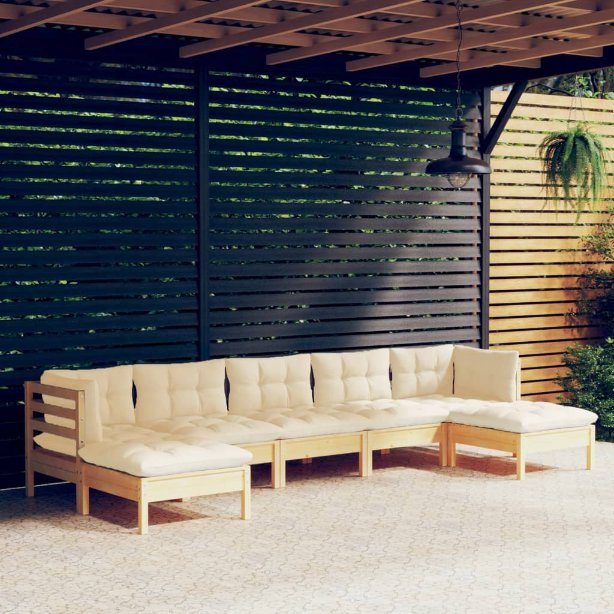 7-tlg. Garten-Lounge-Set mit Grauen Kissen Kiefernholz