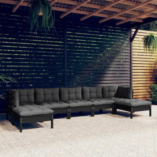 7-tlg. Garten-Lounge-Set mit Grauen Kissen Kiefernholz