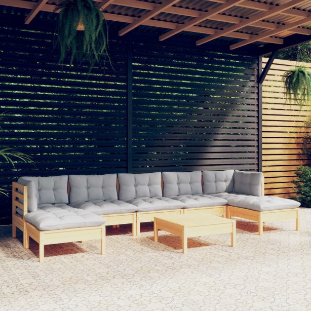 8-tlg. Garten-Lounge-Set mit Grauen Kissen Kiefernholz