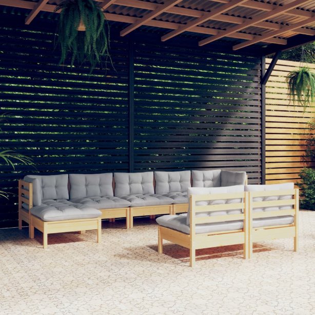 9-tlg. Garten-Lounge-Set mit Grauen Kissen Kiefernholz