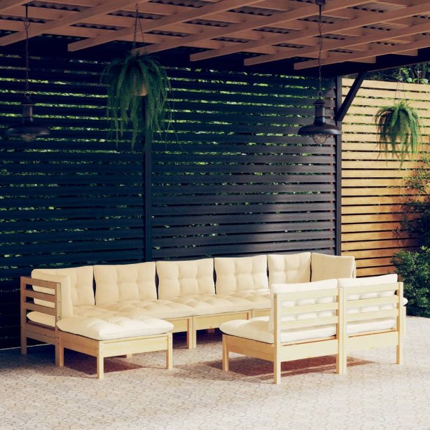 9-tlg. Garten-Lounge-Set mit Grauen Kissen Kiefernholz