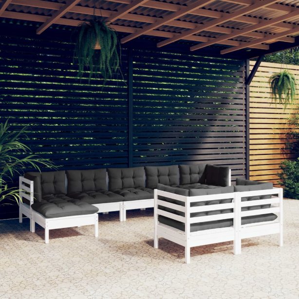 9-tlg. Garten-Lounge-Set mit Grauen Kissen Kiefer Massivholz