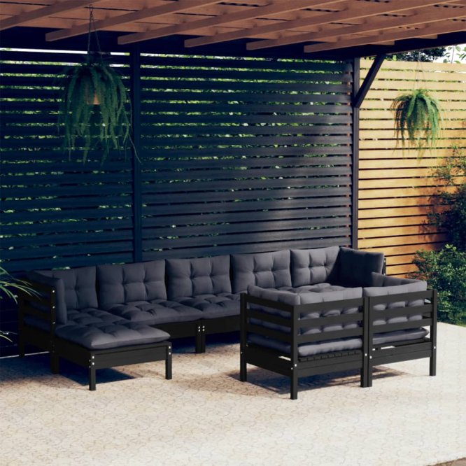 9-tlg. Garten-Lounge-Set mit Grauen Kissen Kiefer Massivholz
