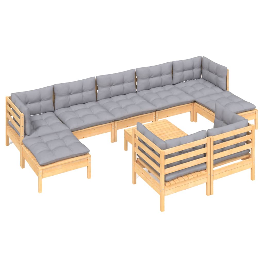 vidaXL 10-tlg. Garten-Lounge-Set mit Grauen Kissen Kiefer Massivholz