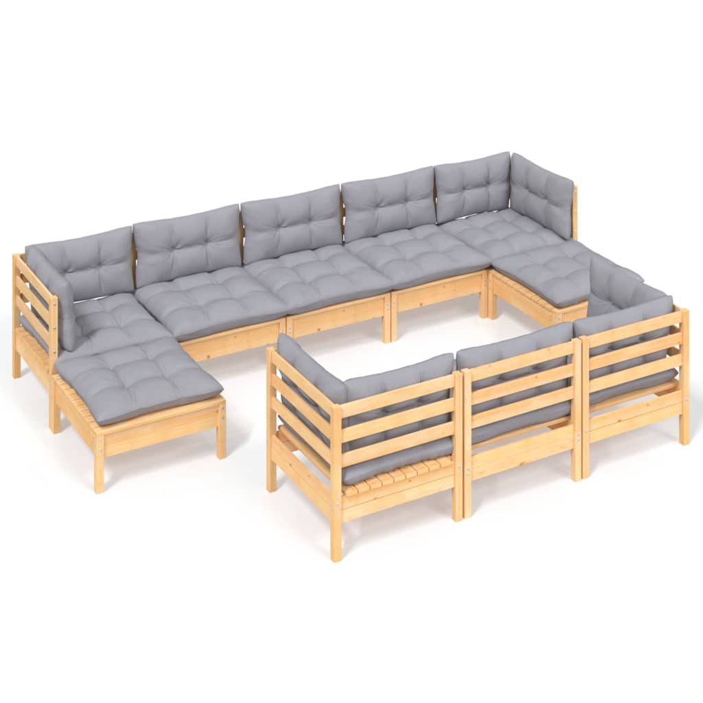 vidaXL 10-tlg. Garten-Lounge-Set mit Grauen Kissen Kiefer Massivholz