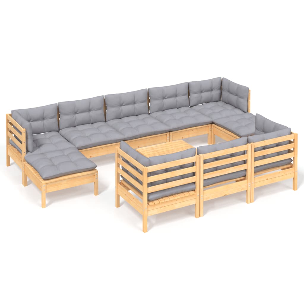 vidaXL 11-tlg. Garten-Lounge-Set mit Grauen Kissen Kiefer Massivholz