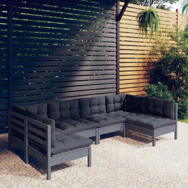 6-tlg. Garten-Lounge-Set mit Grauen Kissen Kiefer Massivholz