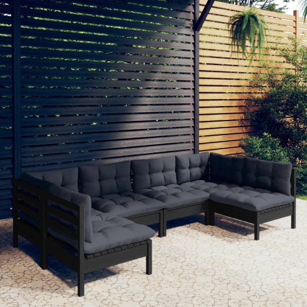 6-tlg. Garten-Lounge-Set mit Grauen Kissen Kiefer Massivholz