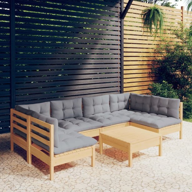 7-tlg. Garten-Lounge-Set mit Grauen Kissen Kiefer Massivholz