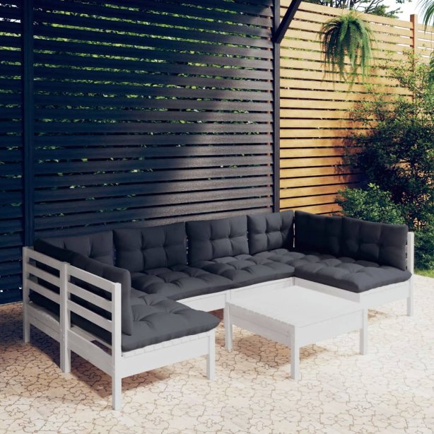 7-tlg. Garten-Lounge-Set mit Grauen Kissen Kiefer Massivholz