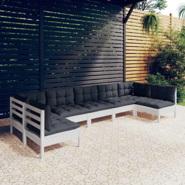 7-tlg. Garten-Lounge-Set mit Grauen Kissen Kiefer Massivholz