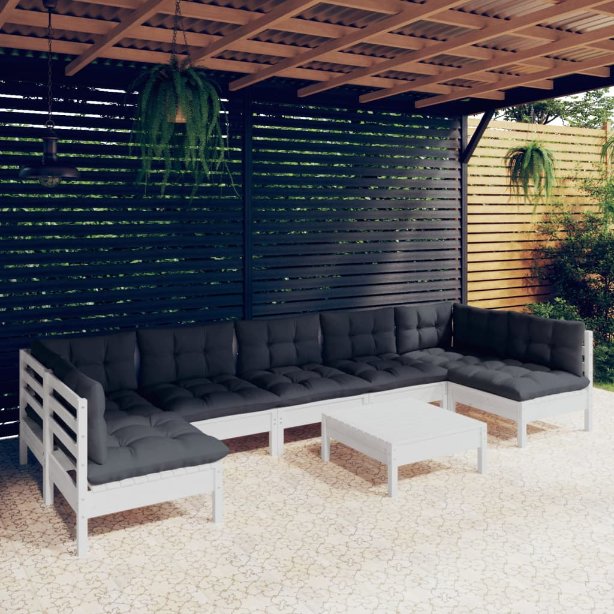8-tlg. Garten-Lounge-Set mit Grauen Kissen Kiefer Massivholz