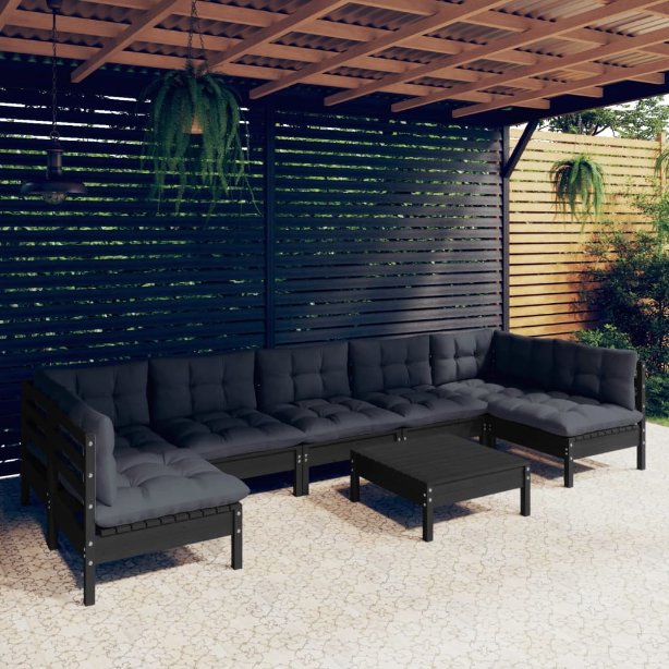 8-tlg. Garten-Lounge-Set mit Grauen Kissen Kiefer Massivholz