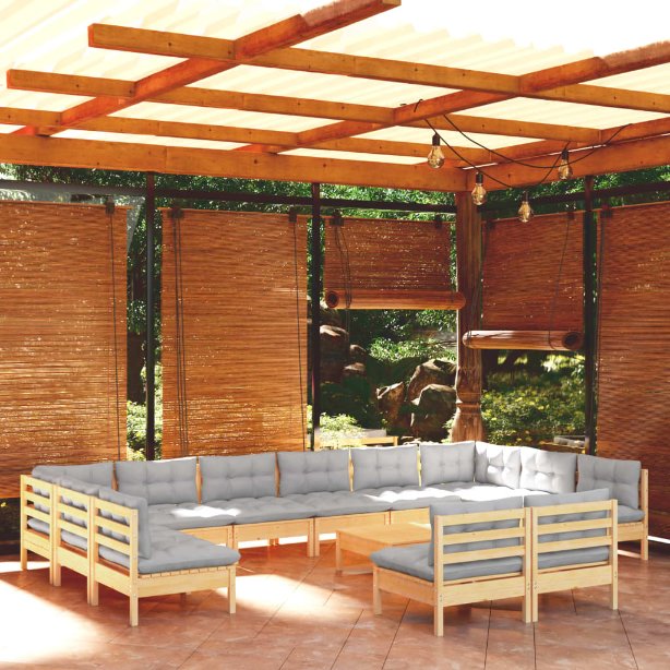 13-tlg. Garten-Lounge-Set mit Grauen Kissen Kiefer Massivholz
