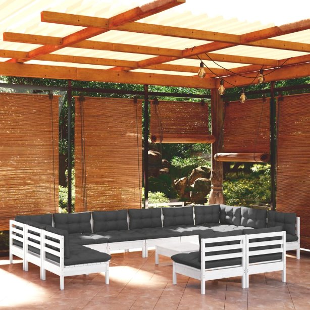 13-tlg. Garten-Lounge-Set mit Grauen Kissen Kiefer Massivholz
