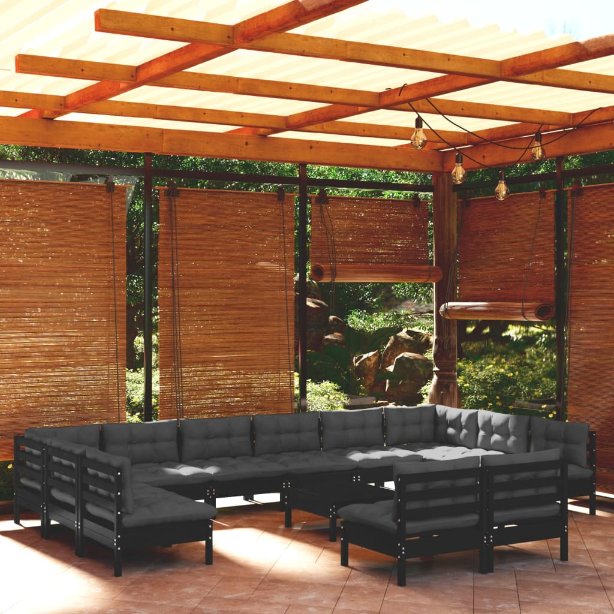 13-tlg. Garten-Lounge-Set mit Grauen Kissen Kiefer Massivholz