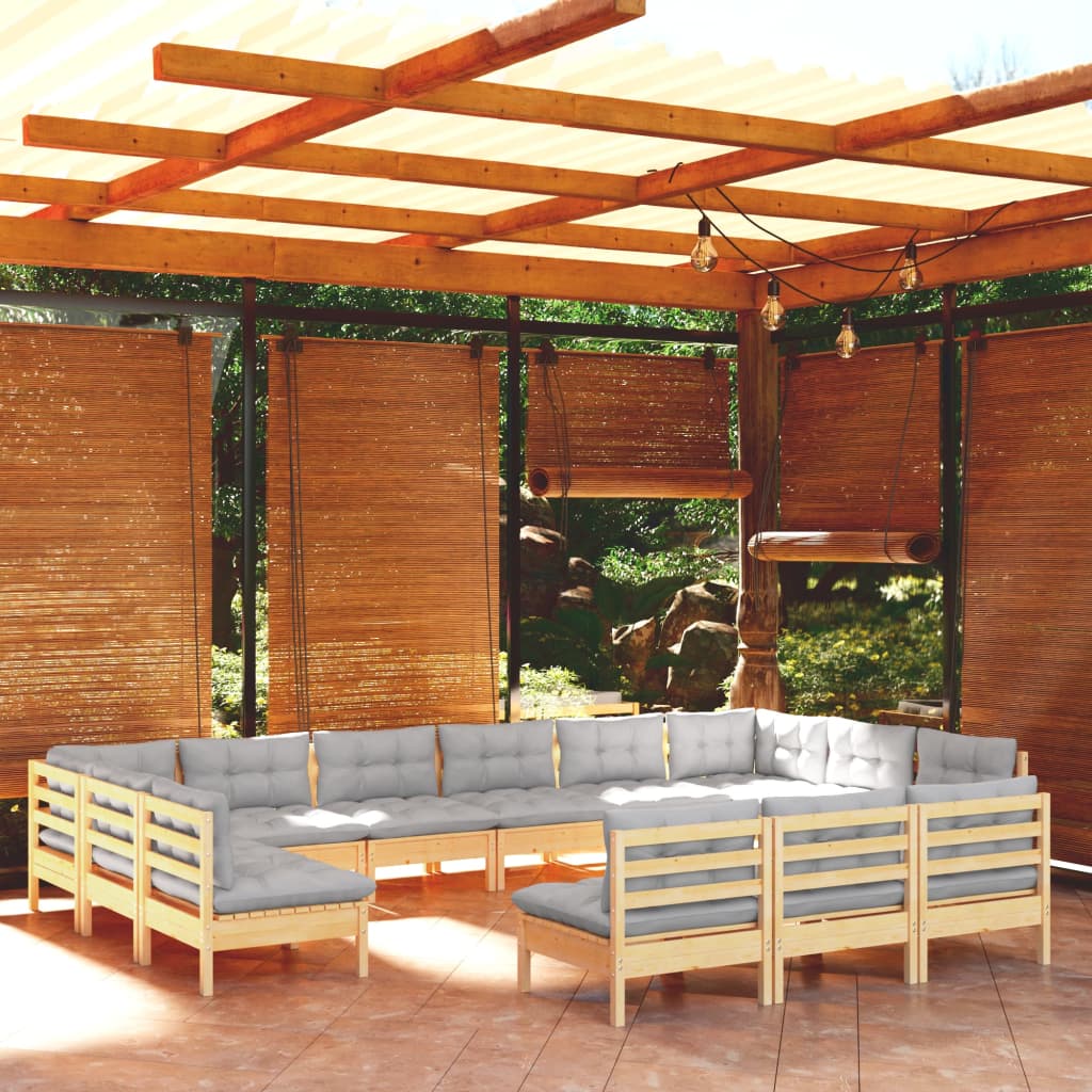 13-tlg. Garten-Lounge-Set mit Grauen Kissen Kiefer Massivholz