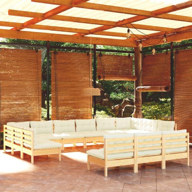 13-tlg. Garten-Lounge-Set mit Grauen Kissen Kiefer Massivholz